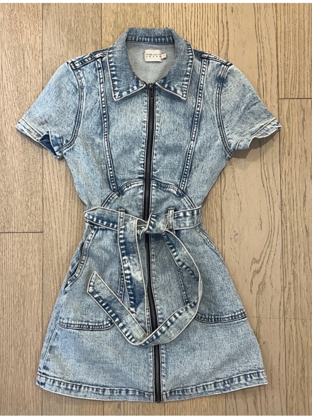 Alice + Olivia Acid Wash Denim Zip Dress in Light Blue